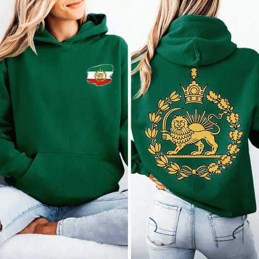 Moletom com Capuz Irã Leão e Sol Bandeira Persa Estampa Gráfica Dupla Face Roupas Emblema Shir-o-Khorshid Pulôver Masculino Feminino
