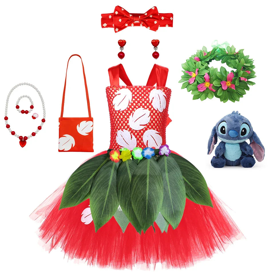 Kids Cosplay Dress for Girls Lilo Inspired Hawaiian Costume With Wreath Necklace Bag Doll for Halloween Birthday