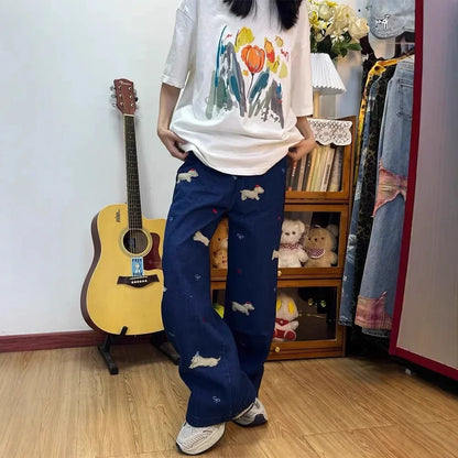 Embroidered Dog Wide Leg Jeans High Waist Loose Straight Tube Pants