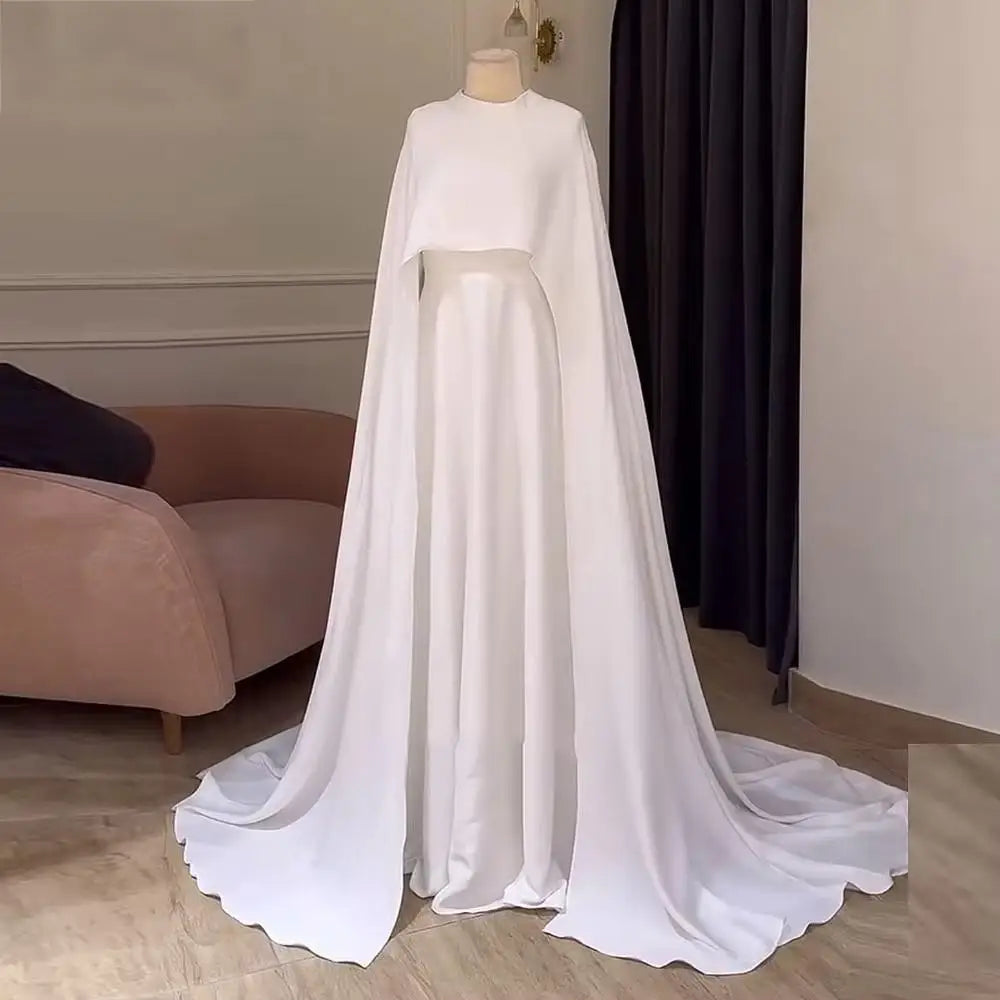 White O-Neck Wedding Dress 2025 Shawl Long Sleeve Button A-Line Saudi Arabia Sweep Train Muslim Floor-Length Pleated Customized