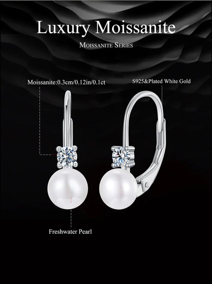 Moissanite Freshwater Pearl Earrings for Women Wedding, Round Cut Lab Diamond 925 Sterling Silver Drop Dangle Ear Buckles