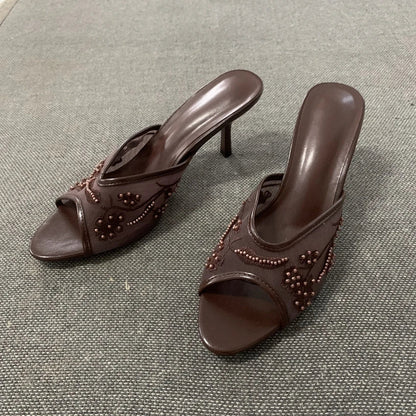 2026 Elegant Brown String Bead Mesh Embroider Slippers Women Summer Sexy Peep Toe High Heels Mules Sandals Luxury Designer Shoes