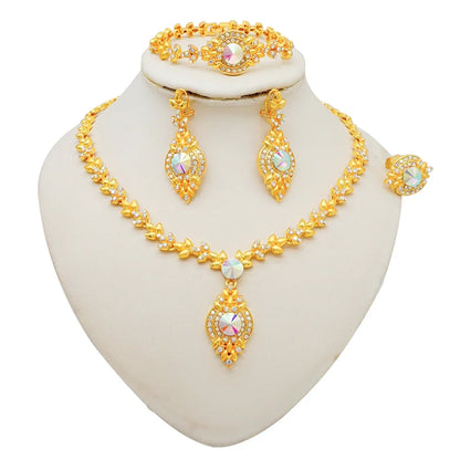 Women Gold Color Jewelry Sets Blue Pendant Necklace Earrings Bracelet Ring Sets Party Gifts