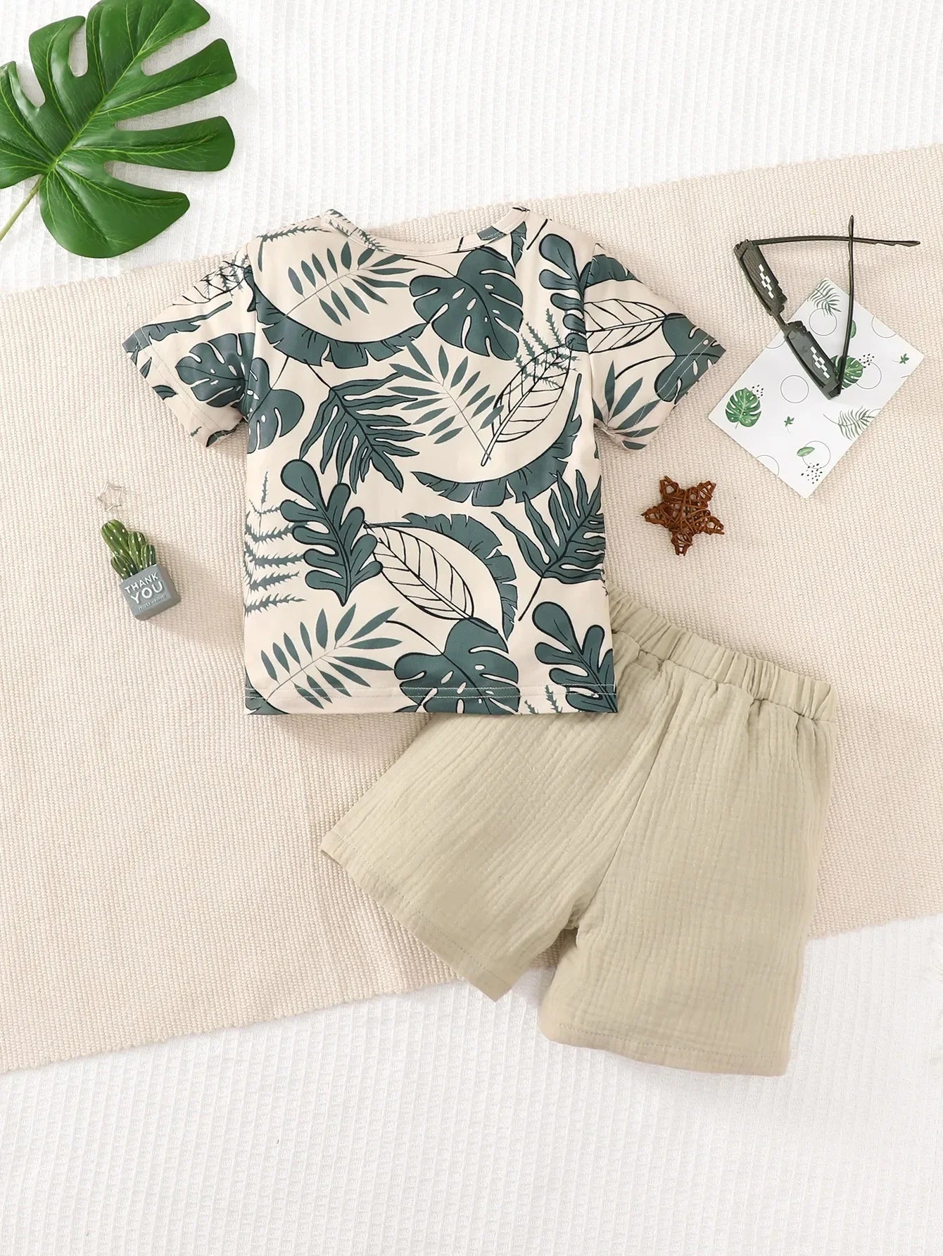 2PCS Kid Boy Clothes Set Short Sleeves Leaf Print Pocket Style T-shirt+Shorts Summer Casual Outfit For Child Boy 4-7 Years