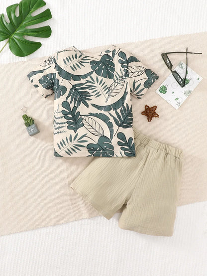 2PCS Kid Boy Clothes Set Short Sleeves Leaf Print Pocket Style T-shirt+Shorts Summer Casual Outfit For Child Boy 4-7 Years