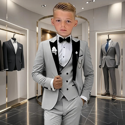2025 Hotest Boys Formal Suit Set with Velvet Collar - One Button Blazer Vest Pants Bowtie - 3-14 Years Kids Graduation Tuxedo