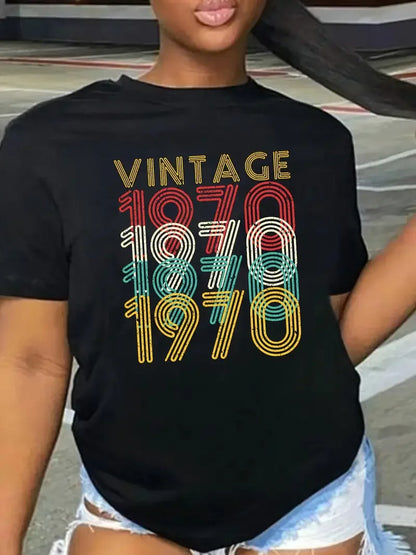 Retro 1976 Letter Print T-shirt with Letter Print Casual Women's Short Sleeved Fashionable Street Round Neck Top