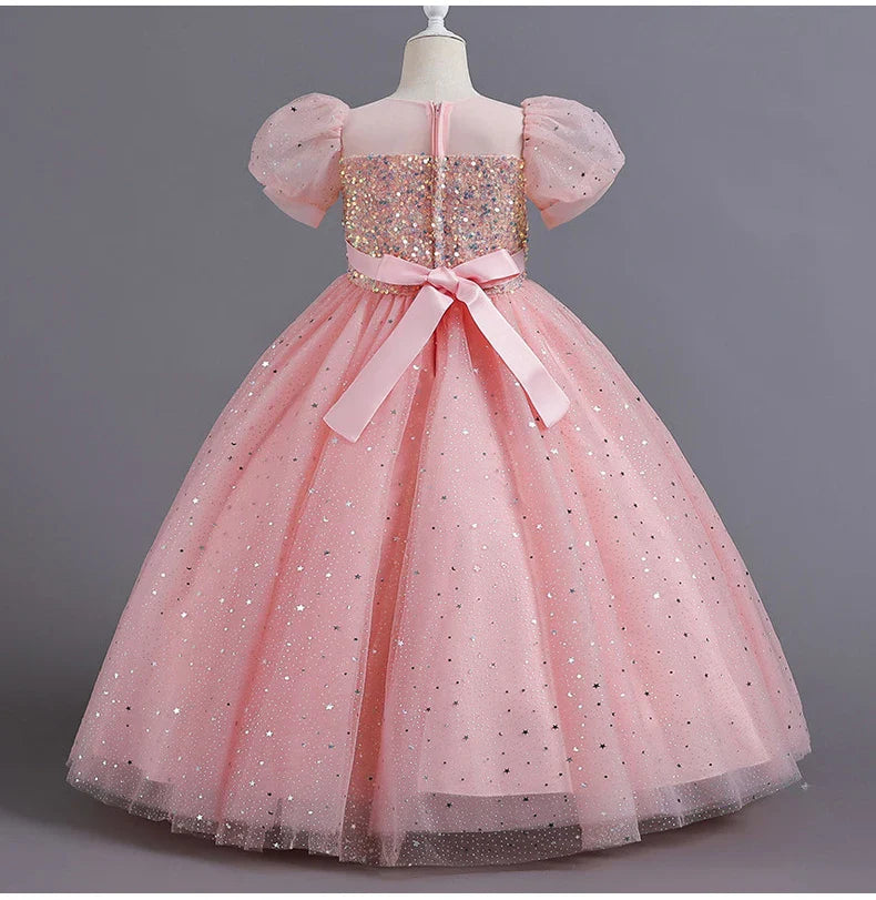 Children's Dress Girls' Princess Sequin Bubble Sleeve Long Mesh Flower Little Girl Wedding For Summer