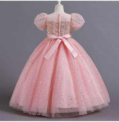 Children's Dress Girls' Princess Sequin Bubble Sleeve Long Mesh Flower Little Girl Wedding For Summer