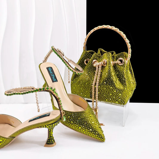 African popular pointed toe shoes anklet design and metal handle soft small bag high heels party shoes for women