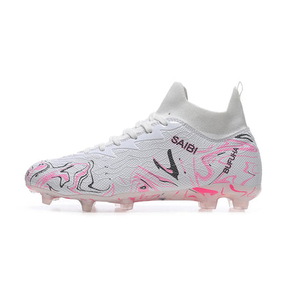High-top football boots with long FG studs and TF studs,suitable for both men and women,featuring breathable and non-slip design