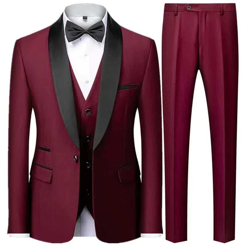 Conjunto Masculino Terno 3 Peças Smoking Um Botão Gola Xale de Cetim Slim Fit Blazer Colete Calças Para Formal Negócios Casamento Noivo