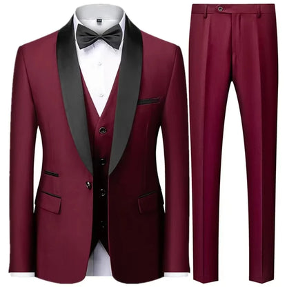 Conjunto Masculino Terno 3 Peças Smoking Um Botão Gola Xale de Cetim Slim Fit Blazer Colete Calças Para Formal Negócios Casamento Noivo