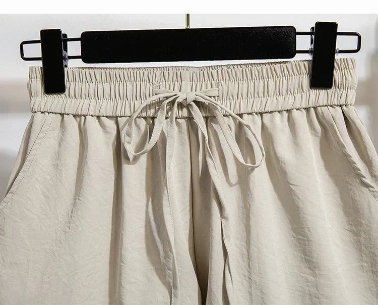 Plus Size Summer Shorts For Women 2025 Summer Ice Silk Drawstring Large Size Loose Shorts Women Korean Streetwear Shorts Female