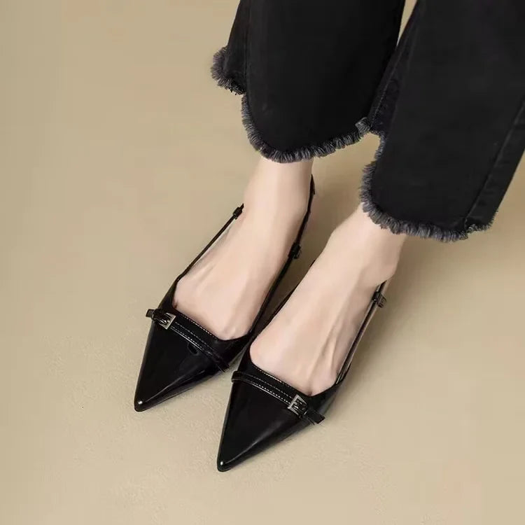 2025 French Pointed Sandals Burgundy Patent Crisscross Straps Metal Decor Slim Heel Open-Back Fairy Sandals