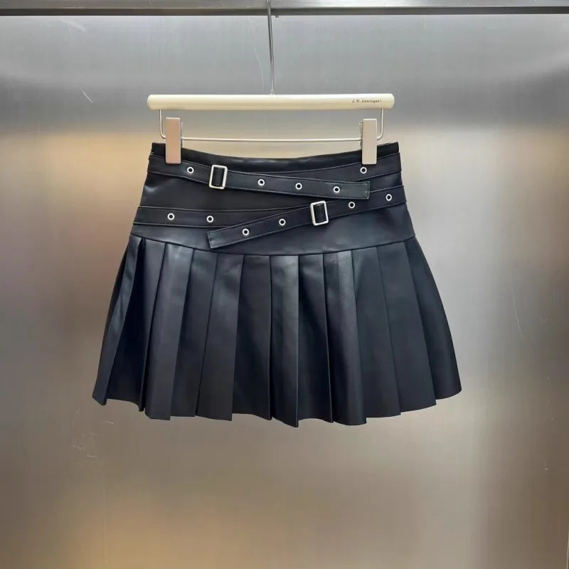 Punk Women Genuine Leather Skirt High Waist Sexy Mini A Line Skirts New Solid Color Ladies Casual Sweet Sheepskin Pleated Skirt