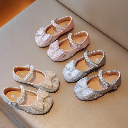 Size 23-34 Silver Bow Cute Princess Flat Shoes for Teenage Girls Casual Low Vamp Student Performance Dance Shoes