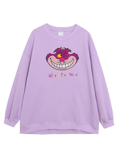 Embroidery Sweatshirt Women Casual Fleece Jumper Tigger Cheshire Cat Cartoon Loose Pullover Top O Neck