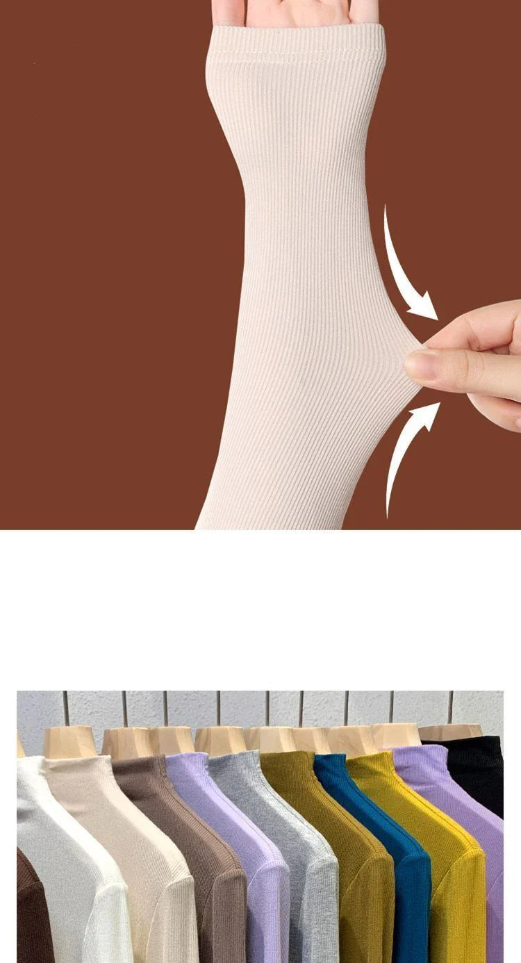 Women's Elastic Half High Collar T-Shirt Solid Ribbed Tops Long Sleeve Tight Bottom Basic Shirt Casual Clothing Autumn