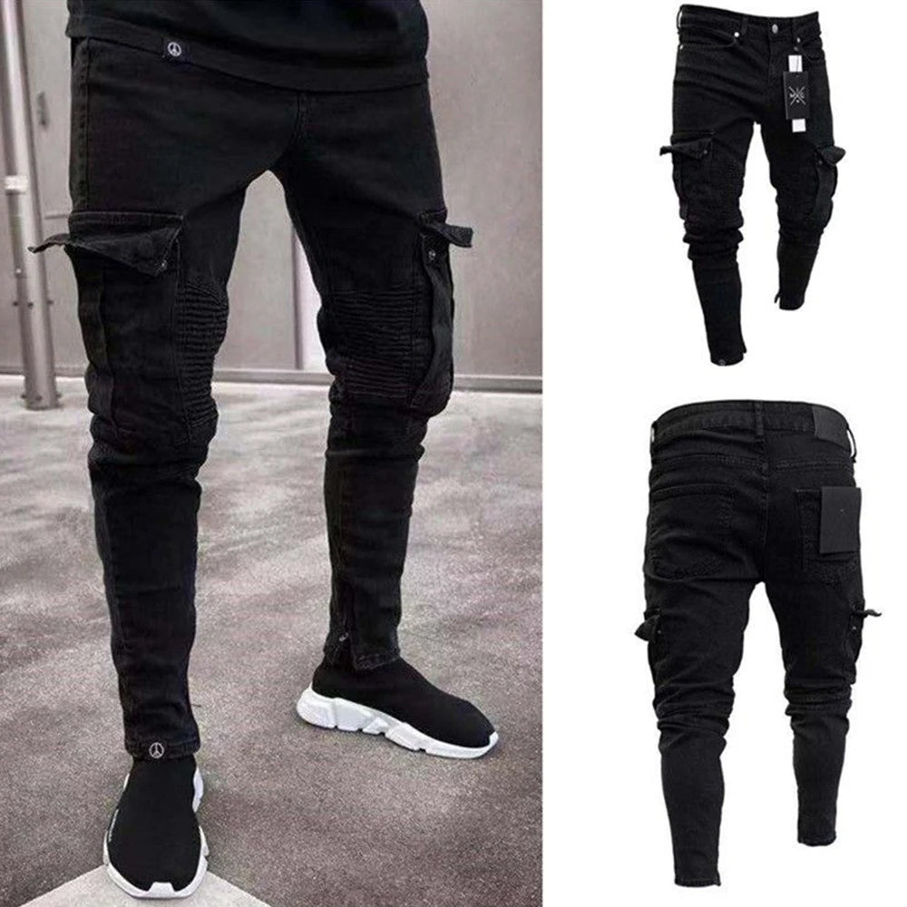 Calça Jeans Masculina Skinny Rasgada Estilo Streetwear Com Bolsos Laterais Calça Cargo Jeans Slim Fit Calça Macia Elástica Jogger