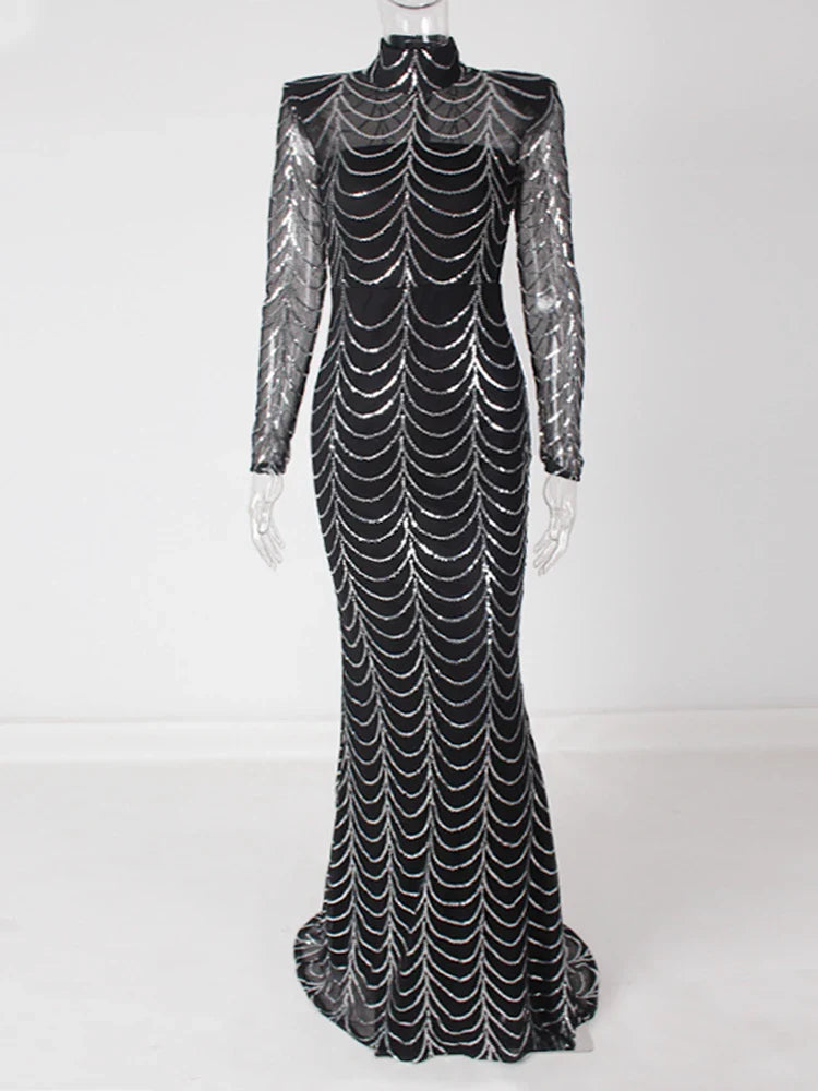 Vestido Formal Longo de Festa com Lantejoulas, Manga Comprida, Gola O Alta, Ombreiras, Forro Comprido, Vestido de Noite para Festa