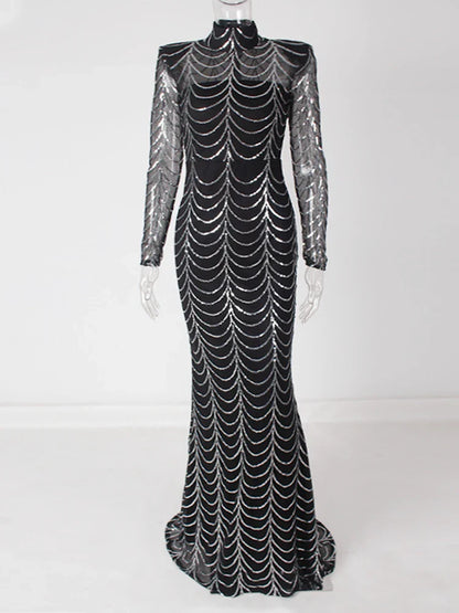 Vestido Formal Longo de Festa com Lantejoulas, Manga Comprida, Gola O Alta, Ombreiras, Forro Comprido, Vestido de Noite para Festa