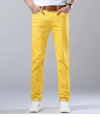2024 Autumn New Men's Stretch Fit Jeans Bright Trendy Denim Straight-leg Trousers Male Red Lake Blue Yellow Trousers