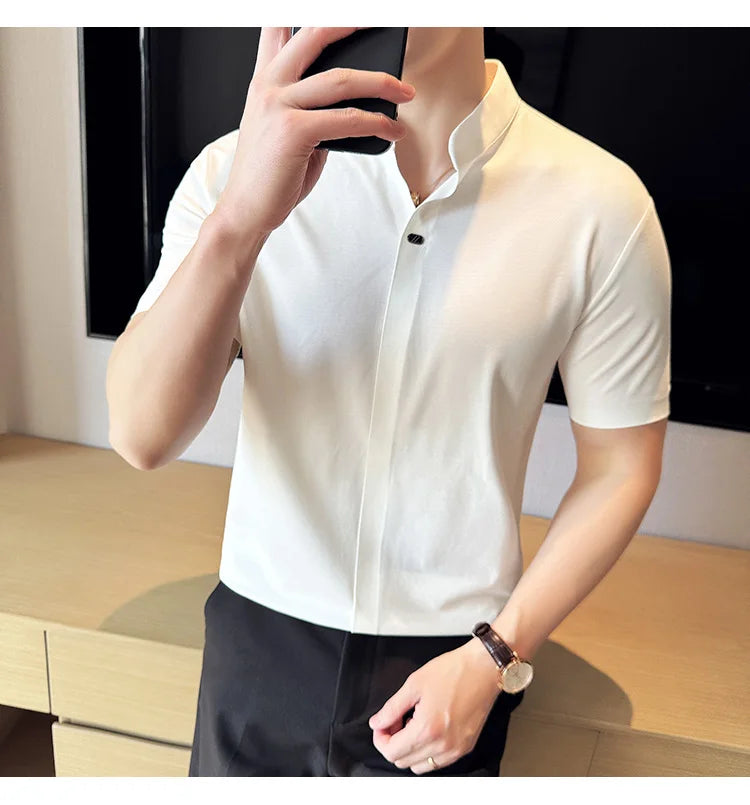 Men's High Elastic V-neck Polo Shirt, Thin Short-sleeve T-shirt, Business Casual Men's Top, 2024 High Quality, M-4XL.