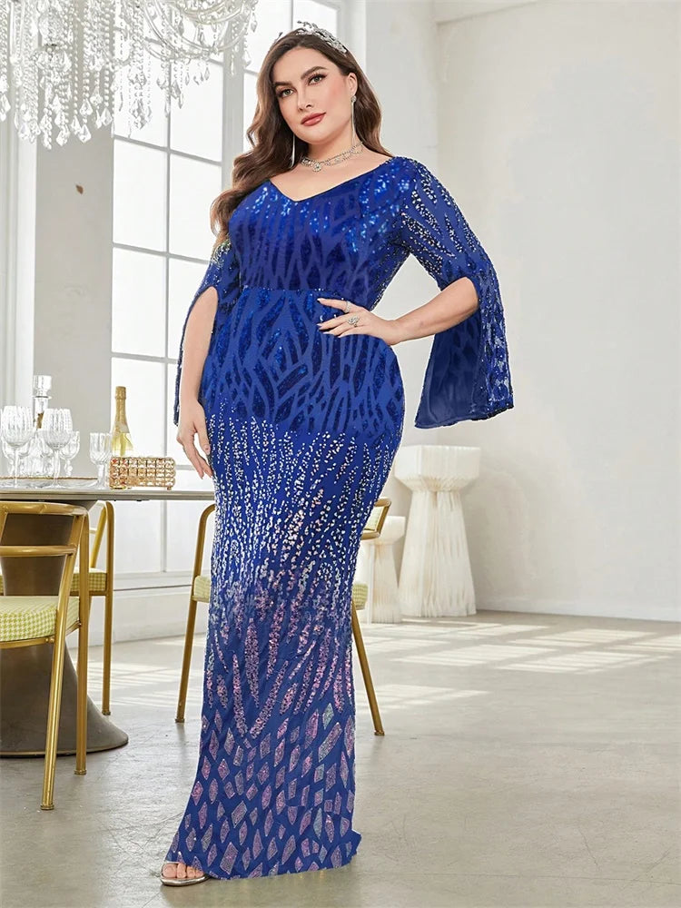 Plus Size Elegant Sequin Blue Evening Dress 2025 Women Formal Maxi Prom Slit Long Sleeves Party Luxury Cocktail Dress