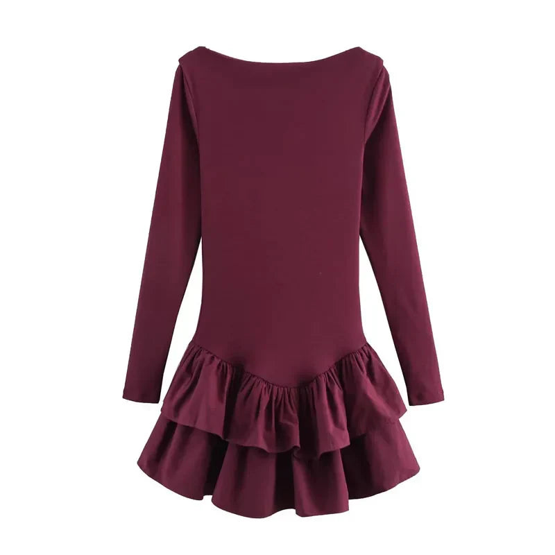 Womens Dresses Ruffled Corset Dress Summer 2025 Red Brown Black Dress O-Neck Long Sleeve Dresses Layered Party Vestidos 066