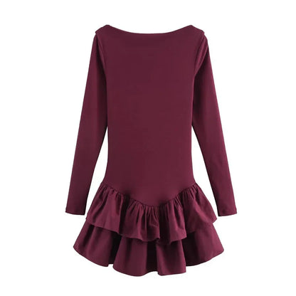 Womens Dresses Ruffled Corset Dress Summer 2025 Red Brown Black Dress O-Neck Long Sleeve Dresses Layered Party Vestidos 066