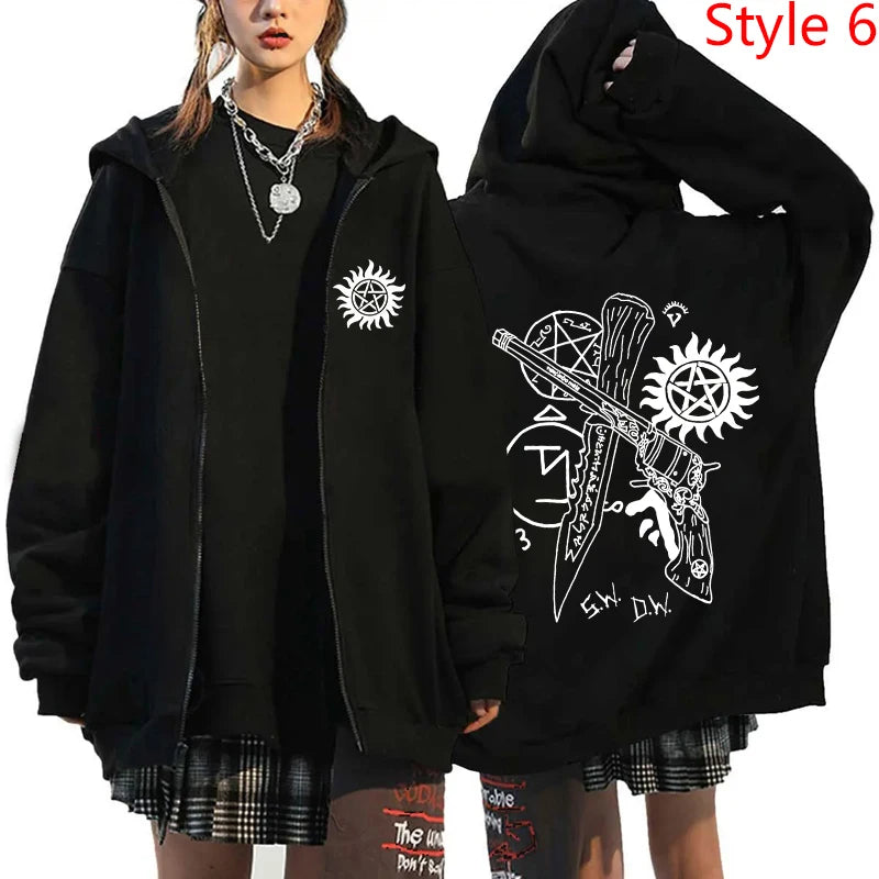 New Supernatural Printed Zipper Hooded Fashion Women Men Sweatshirt Casual Sport Hoodie Personality Zipper Long Sleeve Coat