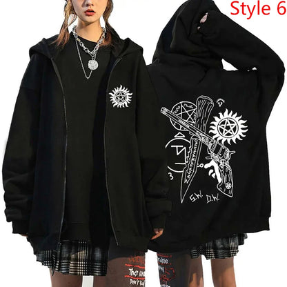 New Supernatural Printed Zipper Hooded Fashion Women Men Sweatshirt Casual Sport Hoodie Personality Zipper Long Sleeve Coat