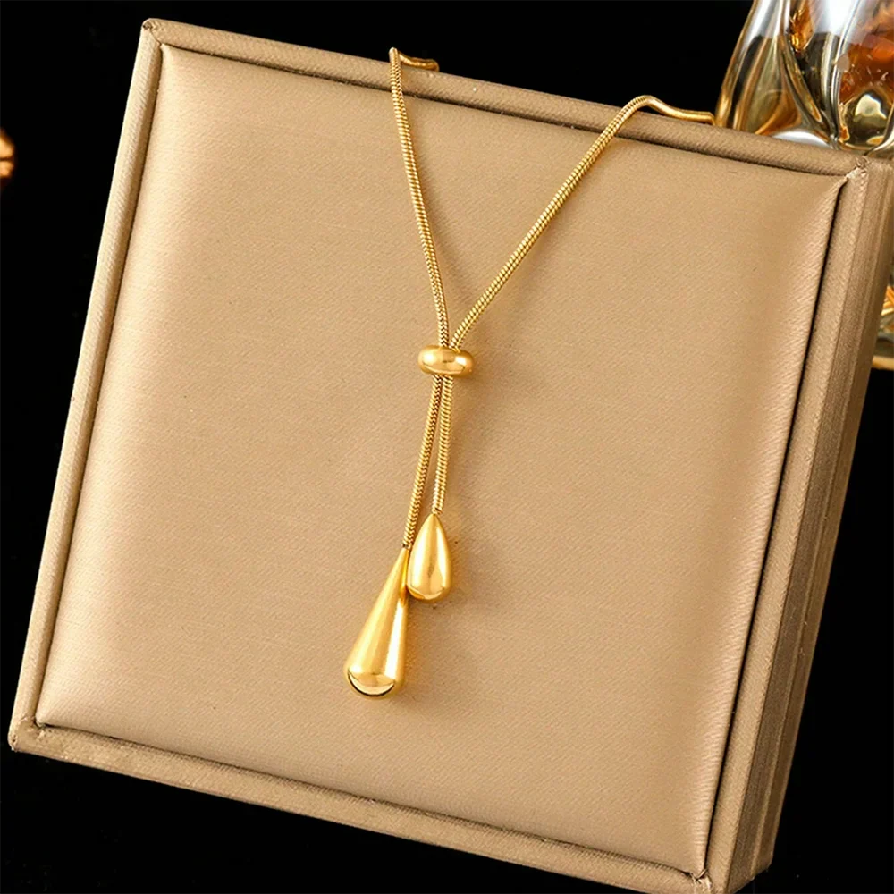 Stainless Steel Pull Adjustable Water Drop Shape Tassel Charm Necklace Fashion Personality High-Grade Jewelry Gifts