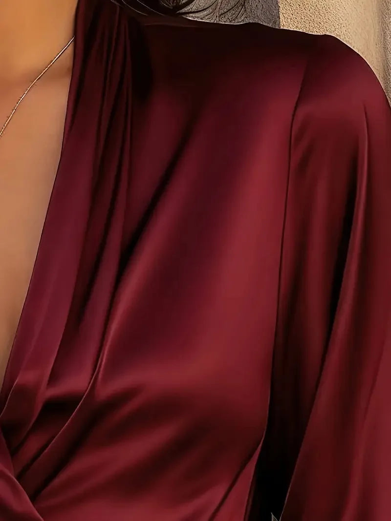 Autumn high-end professional temperament satin V-neck design versatile top women