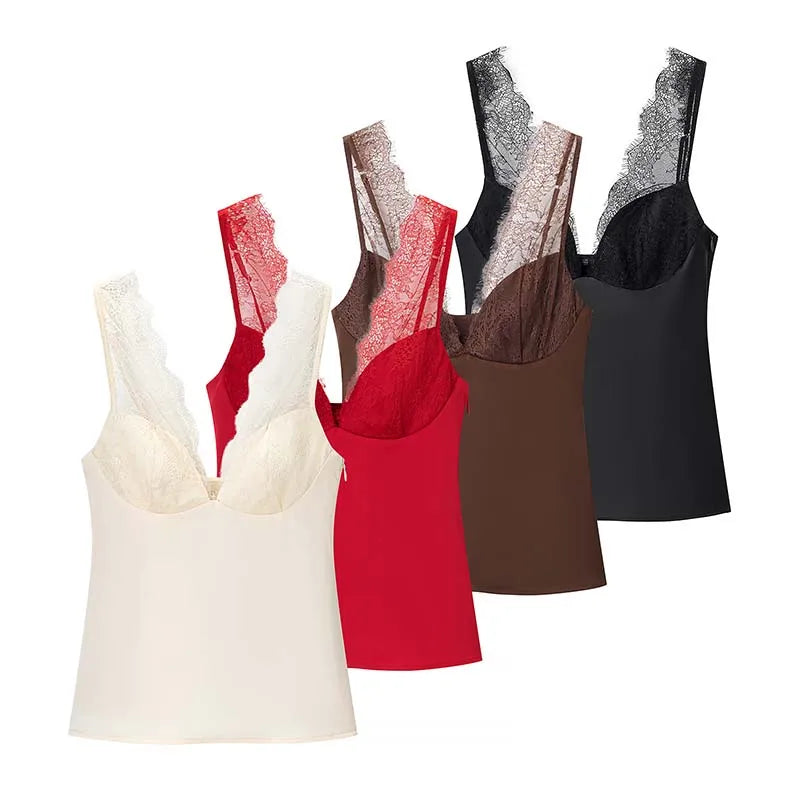Black Satin Lace V-Neck Camisole Top for Women Cropped Y2k Harajuku Fashion Elegant Sleeveless Shirt Blouse Female