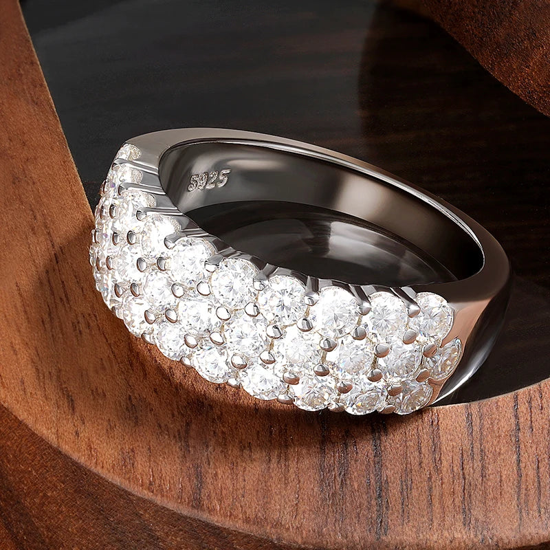 D VVS1 Moissanite Rings for Women Solid 925 Sterling Silver Plated 18k White Gold 3-Row Half Eternity Anniversary Band