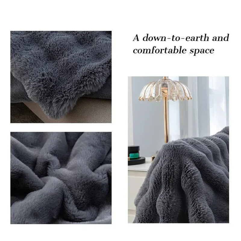 Cozy Rabbit Hair Bubble Velvet Blanket for Napping Soft Fuzzy Plush Bed Cover Sofa Throw Blanket All Season Warmth