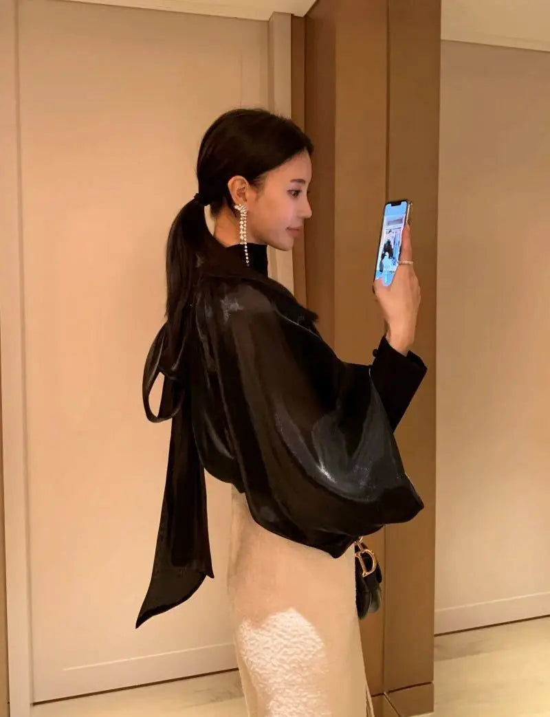 Spring Autumn Women Fashion Tops New Shirts Lantern Sleeve Stand Collar Solid Casual Vintage Elegant Temperament Long-Sleeved