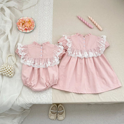 2026 New Summer Sister Clothing Short Sleeved Cotton Embroidery Kids Princess Dress 2-6Y Baby Girl Birthday Party Lace Dress