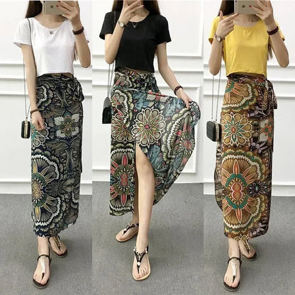 2025 New Women's One-Piece Floral Print Skirt High Waist Wrap Chiffon Beach Dress with Tie Waist Summer Vacation Boho Style