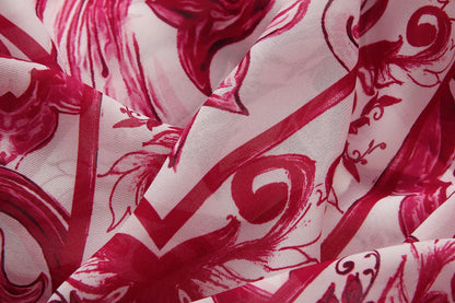 Red Blue And White Porcelain Print Holiday Dress Summer Vintage Bohemia Dress Women's  Loose Lace Up Belt Long Robe Vestido