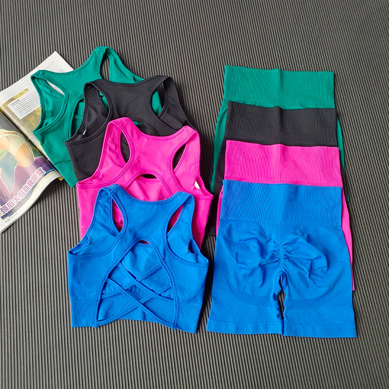 High Waist Butt Lifting Fitness Suit Gathering Beautiful Back Yoga Suit Bras Quick-drying Running Peach Buttock Training 2PCS