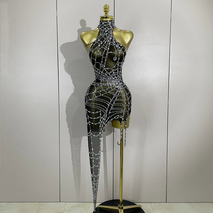 Sparkly Diamond Sexy Mesh Asymmetric Bodycon Mini Dress Women Nightclub Bar Party Show Gogo Dancer Clothing Stage Costume