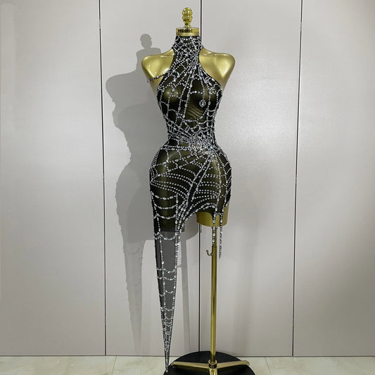 Sparkly Diamond Sexy Mesh Asymmetric Bodycon Mini Dress Women Nightclub Bar Party Show Gogo Dancer Clothing Stage Costume