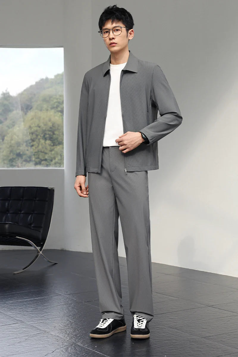Men's Ice Silk Trousers High Stretch Micro-Grid Straight Leg Pants Business Casual Breathable YKK Zip Quick Dry Slacks 2026