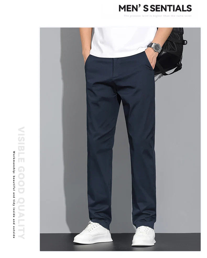 New Men's Business Cotton Thin Straight Pants Casual Elastic Slim Comfortable Male Brand Trousers Black Gray Khaki Royal Blue