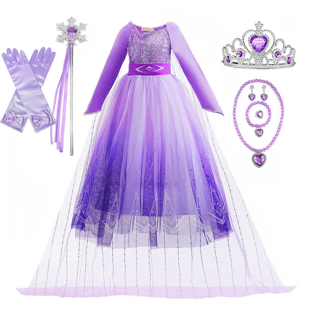 Frozen Cartoon Movie Elsa in Castle Purple Ball Gown with Long Train Princes Snow Queen Elsa Dress for Girls Role Play Halloween