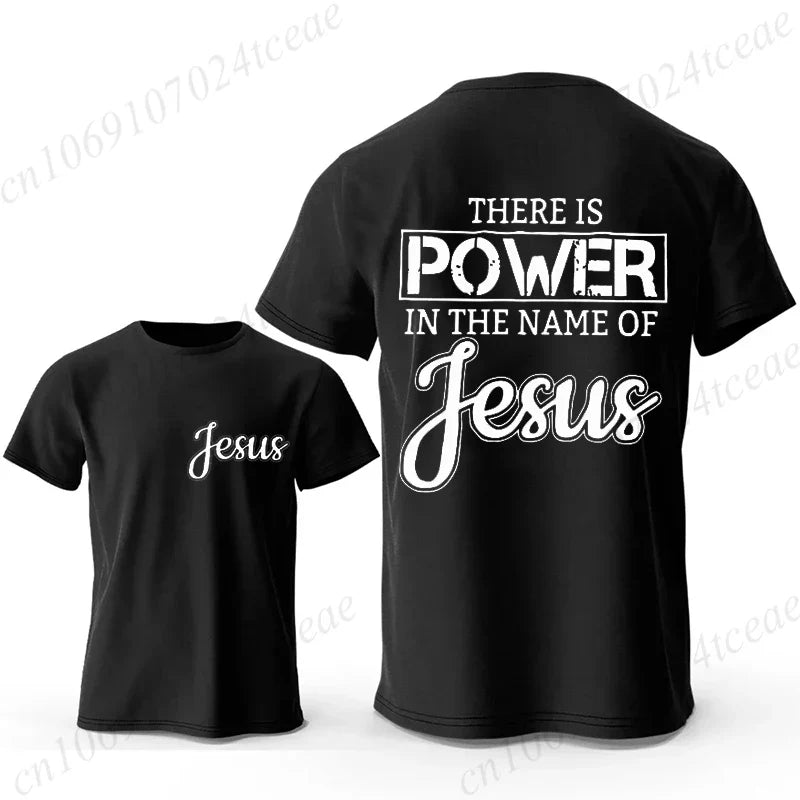 Men Graphic T Shirt There Is Power in The Name of Jesus Print O Neck Short Sleeve Casual Streetwear Fashion T-Shirts Tops Gift