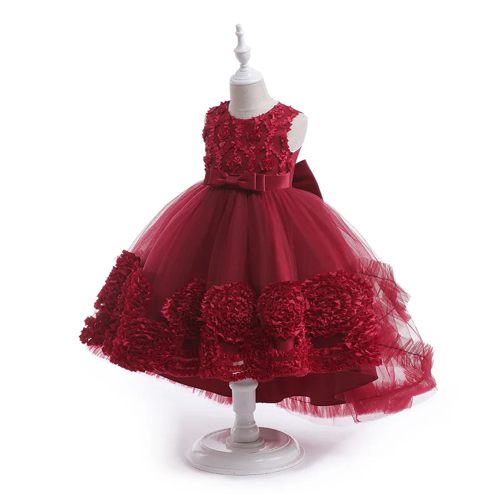 Summer Flower Party Girls Dress Christmas Costume Tulle Trailing Bridesmaid Princess Kids Dresses for Girl Wedding Birthday Gown